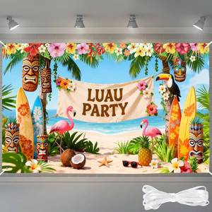 lot 27121 image: Moukeren Hawaiian Luau Party Decoration, Extra Large Summer Luau Beach Banner Backdrop Background Photography for Birthday Musical Party Tropical Tiki Themed Decoration, 72.8 x 43.3 Inch