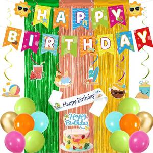 lot 27139 image: Crenics Summer Birthday Decorations - Happy Birthday Banner, Foil Fringe Curtains, Sash, Hanging Swirls, Cake Topper and Balloons for Summer Beach Theme Party Supplies