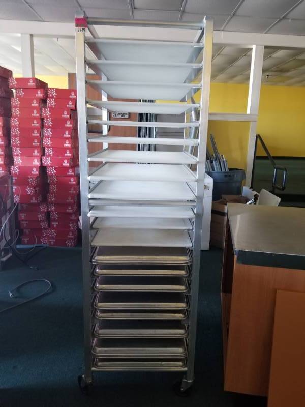 lot 7749 image: Cooling Rack On Casters with Cutting Boards and Sheet Pans