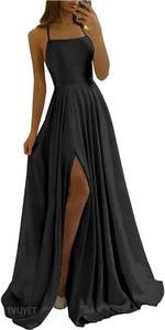 lot 27185 image: Tvuyet Satin Prom Dresses Long with Pockets Spaghetti Straps A Line Bridesmaid Dresses with Side Slit Ball Gown SIZE 2