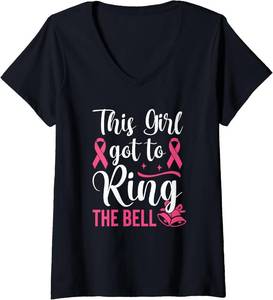 lot 27187 image: Womens This Girl Got to Ring the Bell Chemo Grad Breast Cancer V-Neck T-Shirt SIZE XL