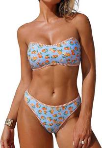 lot 27192 image: ZAFUL Bandeau Bikini Sets for Women Floral Two Piece Swimsuit Strapless Mid Waisted Bathing Suits wirh Removable Straps SIZE M