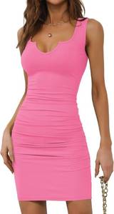 lot 27195 image: Missufe Womens Sleeveless V Neck Ruched Bodycon Sundress Summer Casual Short Tank Dress SIZE S