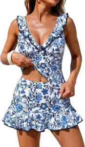 lot 27197 image: ZAFUL Womens Tankini Swimsuits V-Neck Ruffles Full Coverage Bathing Suit Swim Tank Top with Skirt SIZE XXL
