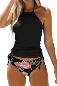 lot 27198 image: Womens Bathing Suit Solid Color Drawstring Side Halter Neck Tankini Set, Solid Black, SIZE L