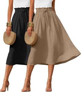 lot 27207 image: Ficerd 2 Pack Womens Linen Midi Skirts Summer High Waisted Flowy A-Line Drawstring Casual Beach Skirts with Pockets SIZE XXL