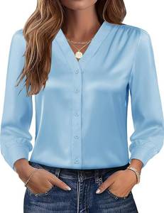 lot 27211 image: Rapbin Womens Button Down Shirts Dressy Casual Satin Silk Long Sleeve V Neck Tops Business Office Work Blouses 2025 SIZE S
