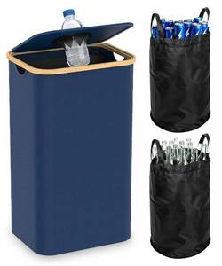 lot 17318 image: Recycling Bins for Kitchen, 26 Gallon (100L) Recycle Bin with lid, Indoor Oxford Fabric Recycling Trash Can with 2 Pack Removeable and Reusable Inner Bags for Bottle Can Glass Plastic Sticker, Blue