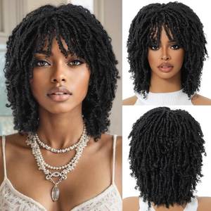 lot 17336 image: Dreadlock Wig For Black Women And Men Short Afro Twist Faux Locs Braided Wigs Glueless Synthetic Afro Curly Wigs (#1B, 12 Inch)