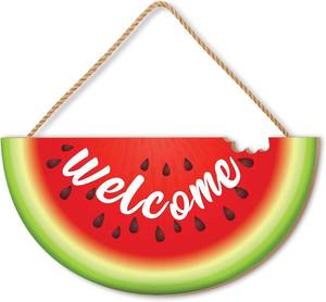 lot 17609 image: Summer Watermelon Door Sign Welcome Wreath 14x7 Inch Watermelon Shaped Hanging Front for Door Decoration Welcome Wood Sign Wall Decor Indoor Porch