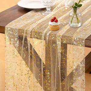 lot 17627 image: Socomi Gold Table Runner Gauze Tulle Sheer Glitter Metallic Foil Chiffon Cheesecloth Sequin 10FT Wedding Birthday Party Dining Anniversary Holiday Centerpiece Table Decor Beige