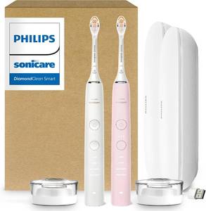 Philips Sonicare DiamondClean 9000 Electric Toothbrush - Sonic Toothbrush with App, Pressure Sensor, 12 Brushing Settings, Replacement Reminder, Charging Travel Case, White & Pink, 2-Pack, HX9912/72