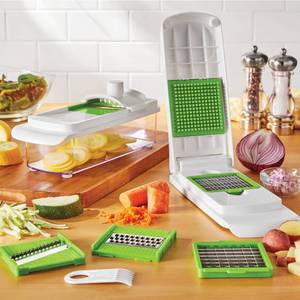 lot 18914 image: 11 Pieces Multi-Function Nice Dicer & Mandoline - Stainless Steel, Green Glaze, Adjustable Thickness for Vegetables