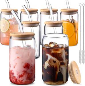 lot 18916 image: DWTS DANWEITESI Glass Cups with Lids and Straws 8 pcs,16 oz Glass Iced Coffee Cups with Lids-Clear Glass Coffee Cups,Cute Glass Cups for Coffee Bar Accessories Gifts