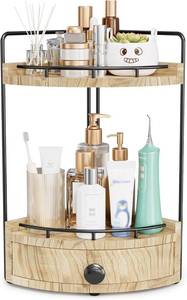 lot 18923 image: 2-Tier Corner Bathroom Counter Organizer with Drawer & Embedded Screw Holes - Wooden Countertop Organizers for Skincare, Makeup Storage, Bathroom Sink Counter Shelf for Vanity, Kitchen, Wood color