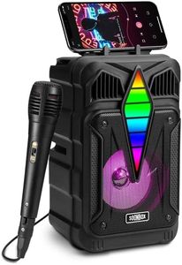 lot 18979 image: Portable Bluetooth Speaker with Microphone, Wireless Outdoor Speaker with RGB Rhythm Light, Deep Bass, Phone Holder, Ideal for Home, Parties &amp Outdoor Activities (Black) - Retail $91.96