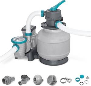 lot 18999 image: Bestway 2,200 Gallon Sand Filter Pool Pump for Above Ground Swimming Pools up to 14,400 Gallons with Pre-Filter Strainer Basket &amp Valve Adapter Set - Retail $186.99