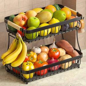 lot 19001 image: Sevenblue 2-Tier Fruit Basket with Banana Hangers, Detachable Metal Bowl  Wooden handle, protective mats included. Versatile holder for bread, snacks, and veggies. Large 2 tier metal design.