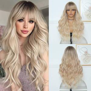 lot 17356 image: Blonde Wig for Women, Long Blonde Wavy Wig with Bangs 26 Inch Wigs Natural Looking Heat Resistant Synthetic Wig for Daily Party Use
