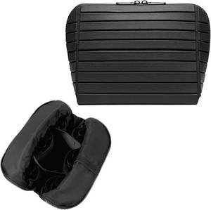 lot 17358 image: Travel Makeup Organizer Bag with Fold-Down Design and Adjustable Dividers, 27 Pockets & 3 Brush Storage Holders, Large Capacity Cosmetic Bags Toiletry Case- Black