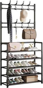 lot 17363 image: ikaufen 5-Tier Entryway Coat Rack Shoe Shelf, 2-in-1 Hall Tree with 8 Hooks, Thickened Plastic Storage Organizer for Shoes, Bags, Hats Color WHITE