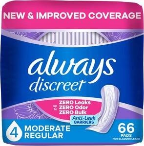 lot 17382 image: Always Discreet Adult Incontinence Pads for Women, Drier, 4 Drop Regular Length, Moderate Absorbency, Pads for Bladder Control Management, Bladder Leaks, & Postpartum Pads, 66ct