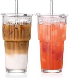 lot 17386 image: GOSCHE 20oz Ribbed Glass Tumbler with Straw and Lid, Clear Iced Coffee Cups Vintage Glassware, Glass Cups with Lids and Straws for Smoothie Water Tea Juice, Clear, 2 Pack