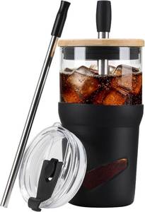 lot 17683 image: Glass Tumbler with Lids and Straws, 20 oz Iced Coffee Cup and Smoothie Cup with Bamboo Lid and On the go Lid,Glass Cups With Straws
