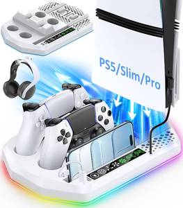 lot 18780 image: Cooling Station with Controller Charger for PS5SlimPro, PlayStation 5 Vertical Stand for Disc & Digital Console, Dual PS 5 Controller Charging Station with 3 Level Cooling PlayStation 4 Chargers