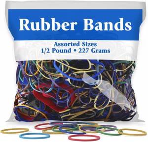 lot 19021 image: BAZIC Assorted Dimensions 227g0.5 lbs. Rubber Bands, Multi Color  stretch to bundle papers, cards, cash, supplies