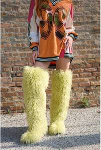 lot 19025 image: Thigh High Fur Boots, Womens Faux Fur Boots Furry Fluffy Round Toe Over the Knee High Boots Outdoor Fuzzy Tall Winter Shoes SIZE 9.5