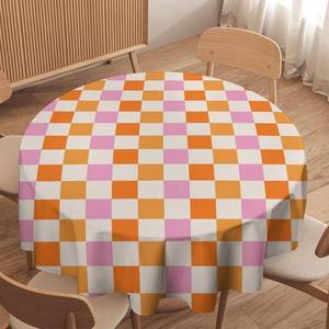 lot 19027 image: Hippie Vintage Tablecloth Geometric Square Grid Yellow Orange Pink 1960s 1970s Retro Country Table Cloth Cover for Farmhouse Home Kitchen Dining Party Patio Indoor Outdoor, Round 36x36in
