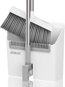 lot 19065 image: JOYMOOP White Broom and Dustpan Set, Upright Angle Design with Built-in Comb Teeth for Kitchen, Office, Pet Hair, Hard Floors