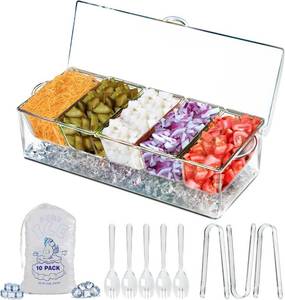 lot 19074 image: LIMOEASY Chilled Condiment Server, Clear Garnish Tray with Lid for Bar for Parties with 5 Removable Compartments, Ice Serving Bowl, Serving Containers for Fruit, Caddy, Snack, Sauce