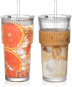 lot 19111 image: 20oz Ribbed Glass Cups with Lids and Straws,2PCS Glass Tumbler with Straw and Lid,Iced Coffee Cups Drinking Glasses for Juice Whiskey Cocktail Beer