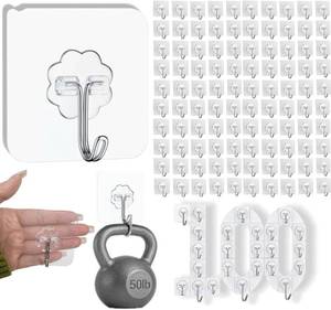 lot 19114 image: DDMY 100 Pack Heavy Duty Self Adhesive Hooks 50 lbs Transparent Reusable Sticky Wall Hooks for Hanging Waterproof Adhesive Hooks for Kitchen, Towel, Bathroom Shower, Office, and Outdoor No Damage
