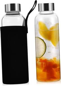 lot 19116 image: Garneck SIX PACK Glass Juice Bottles Bottle Sleeves Stainless Steel Lids Wide Mouth Jars for School Office Gym