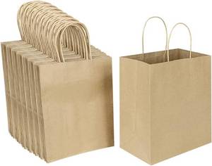lot 19268 image: Oikss 100 Pack 8x4.75x10 Inch Medium Brown Kraft Paper Bags with Handles Bulk for Wedding Birthday Party Favors Grocery Retail Shopping Business Goody Craft Gift Bags Sacks (Plain Natural 100 Count)