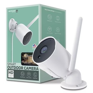 lot 10385 image: Merkury Smart Outdoor Camera 1080p   Weatherproof Security Camera with Night Vision, White (1-Pack)