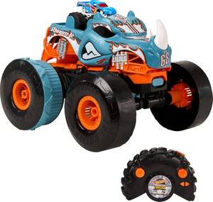 lot 17916 image: Hot Wheels Monster Trucks RC Toy, Remote-Control Transforming Rhinomite in 112 Scale & 164 Scale Race Ace, Converts into Launcher, Connects to Track