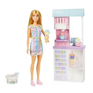 lot 17955 image: Barbie Careers Ice Cream Shop Playset with Blonde Doll, Ice Cream Machine, Molds, Dough, Accessories