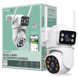 lot 19138 image: Merkury Smart Outdoor Camera 1080p - Dual Lens Pan-Tilt Security Cam, White (1-Pack)
