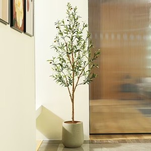lot 19241 image: 6FT Tall Artificial Olive Tree, Potted Artificial Plants with Fruits and Wood Branches, Realistic Indoor Outdoor Potted Plants for Home Decor Housewarming Gift