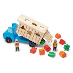 lot 19255 image: Melissa & Doug Shape-Sorting Wooden Dump Truck Toy With 9 Colorful Shapes and 2 Play Figures
