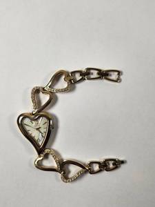 lot 92 image: Fossil Heart-Shaped Charm Bracelet Watch with Crystal-Accented Links