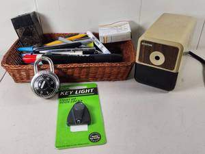 lot 130 image: Office Supply Lot with Boston Pencil Sharpener, Master Lock, Key Light
