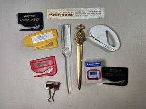 lot 132 image: Lot of Office Desk Accessories Letter Openers Tape Dispensers Pedometer Vintage Advertising