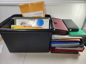 lot 133 image: Office Organization Storage Lot Black Bin, Clasp Envelopes, File Folders, Binders