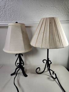 lot 147 image: Set of 2 Table Lamps with Black Scrolled Base and Cream Shades Works