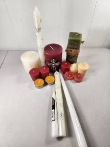 lot 151 image: Candle Lot Red Cream Yellow Green Pillar Taper Votive Tea Light